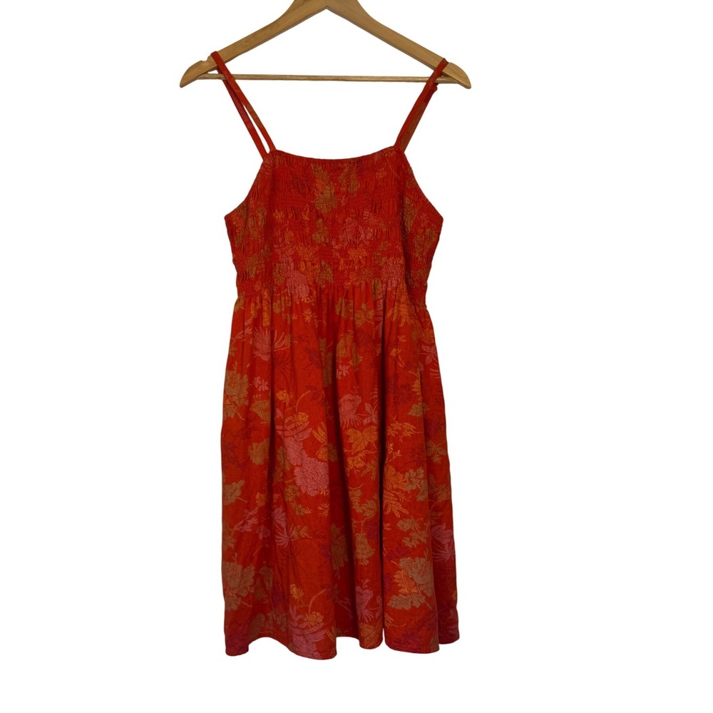 Boho Floral Universal Thread Smocked Linen‎ Blend Sundress Womens Medium Orange